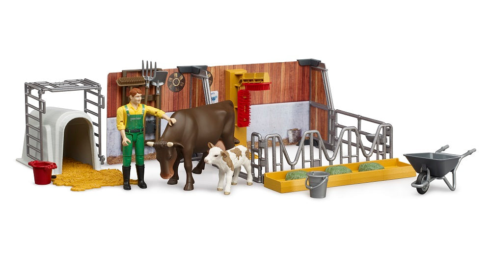 62611 bworld Cow and Calf Stable with Farmer